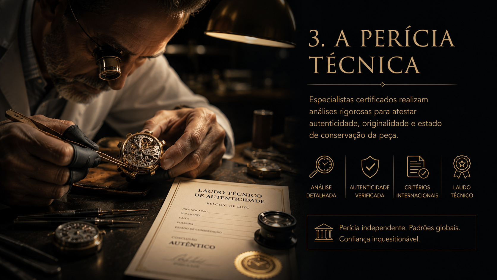 Perícia Técnica — Especialista analisando relógio de luxo